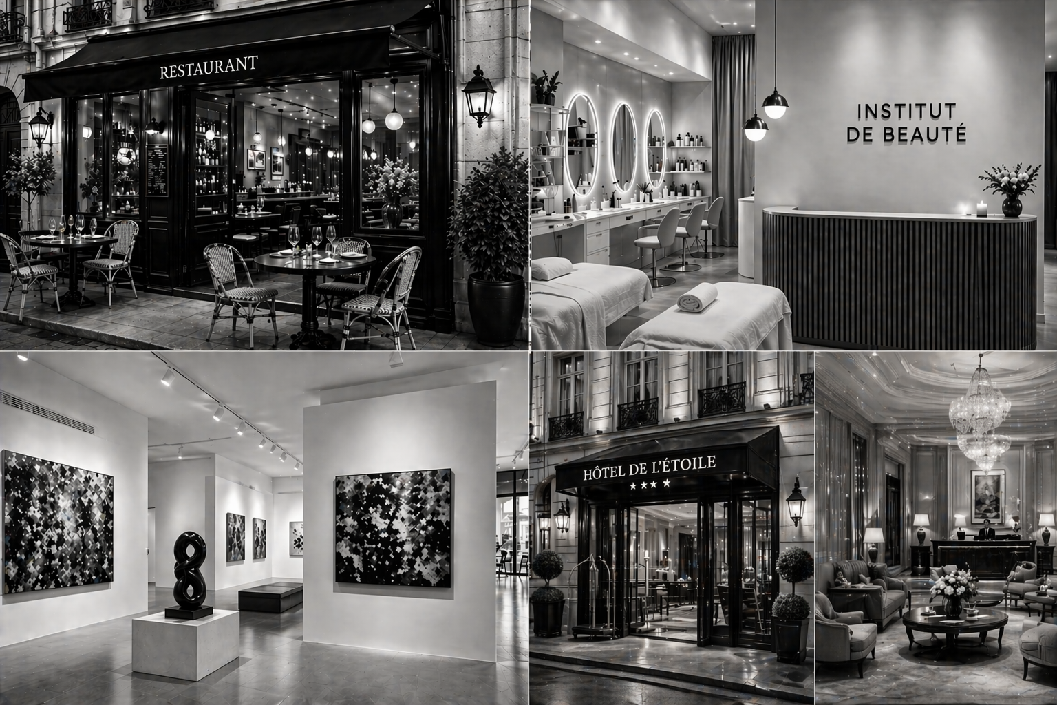 Collage de lieux partenaires en noir et blanc