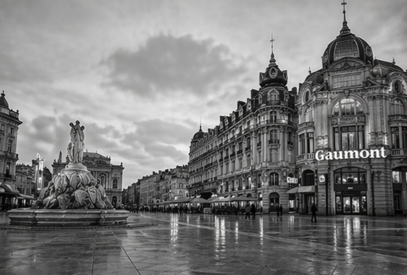 Place urbaine en noir et blanc devant le Gaumont