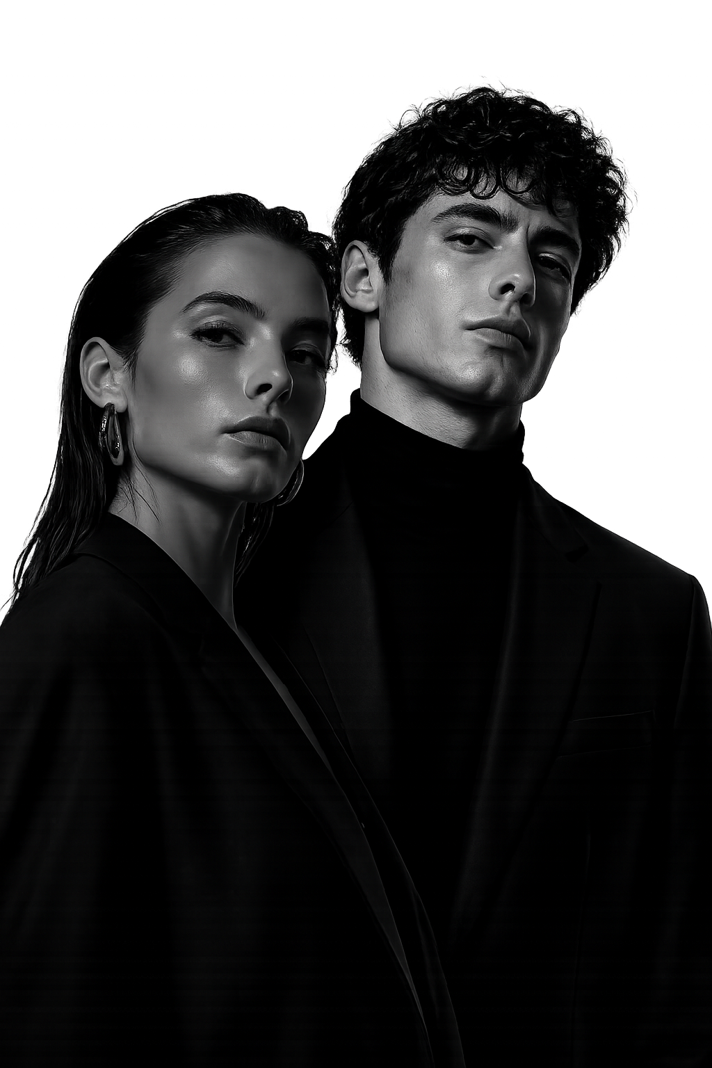 Portrait éditorial noir et blanc de deux visages New Fashion Faces