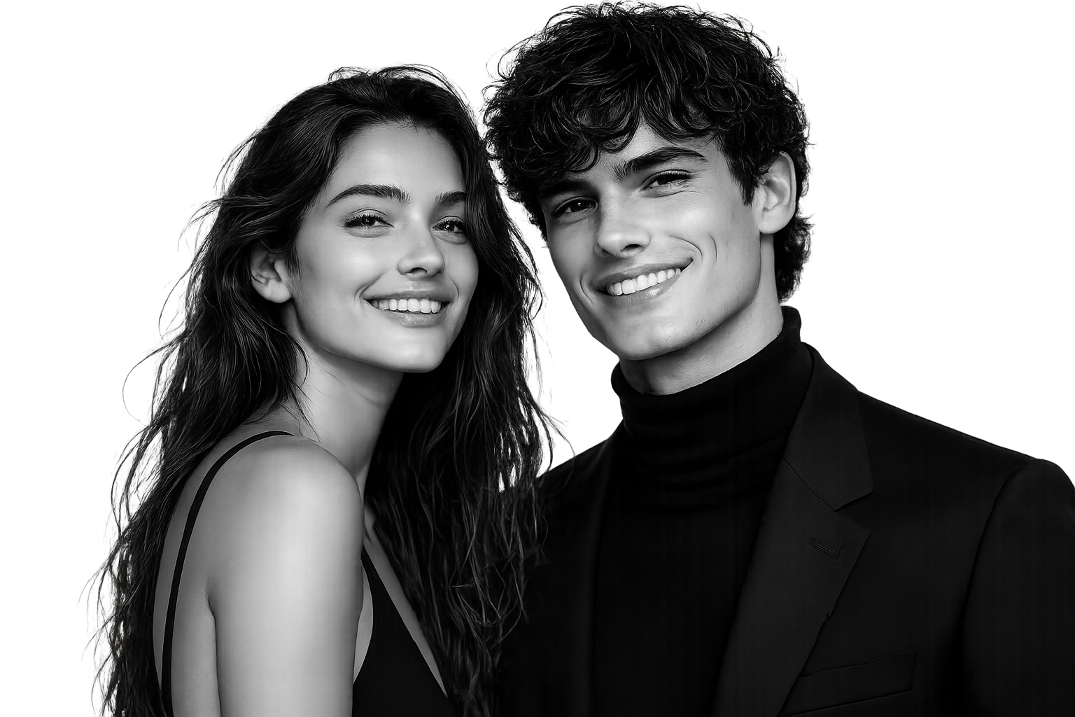 Portrait éditorial noir et blanc de deux candidats New Fashion Faces